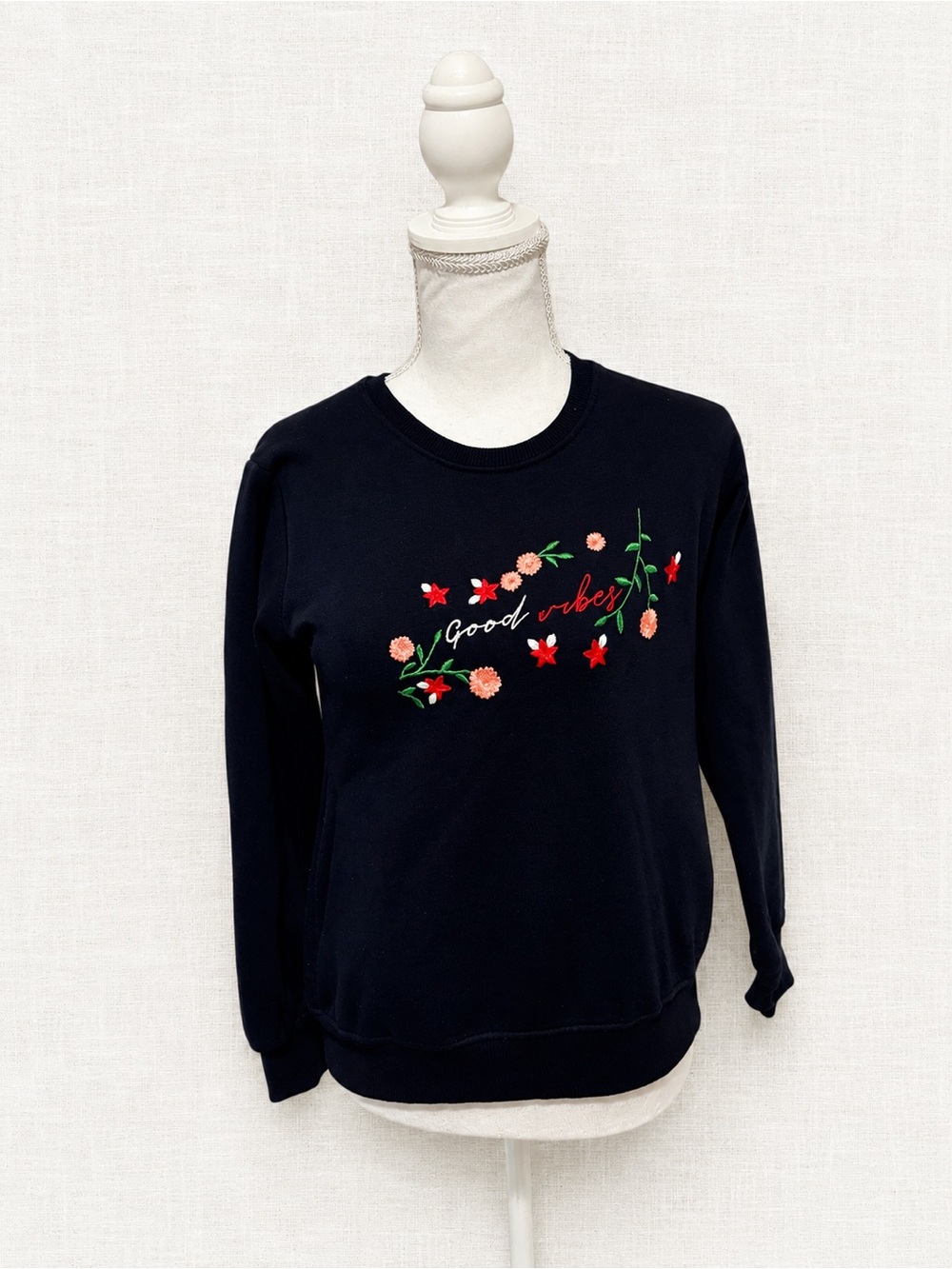 Good Vibes Floral Embroidered Black Crewneck Sweater